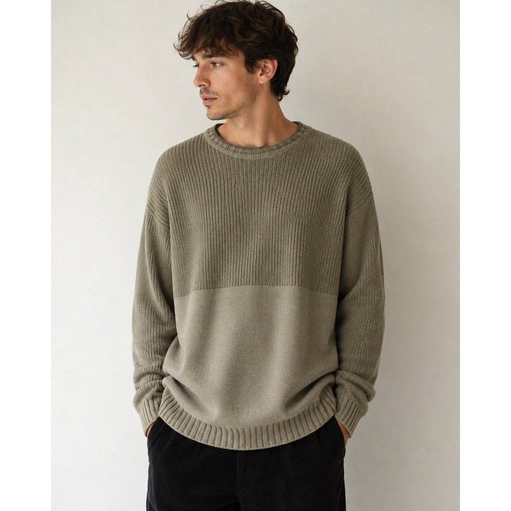 Columbia Sweater Mens XXL‎ Green Khaki Colorblock Ribbed Knit Pullover Earthy